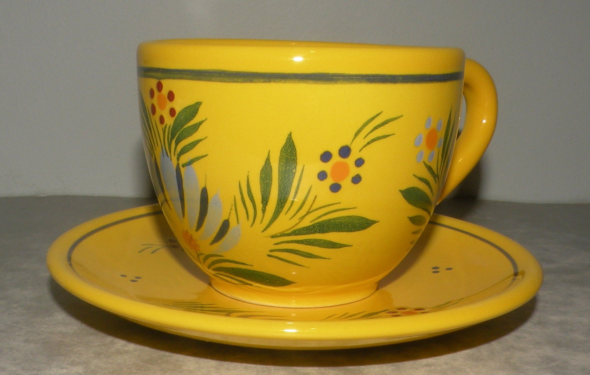 Tea Cup & Saucer Jonquille with flowers , FAB Quimper