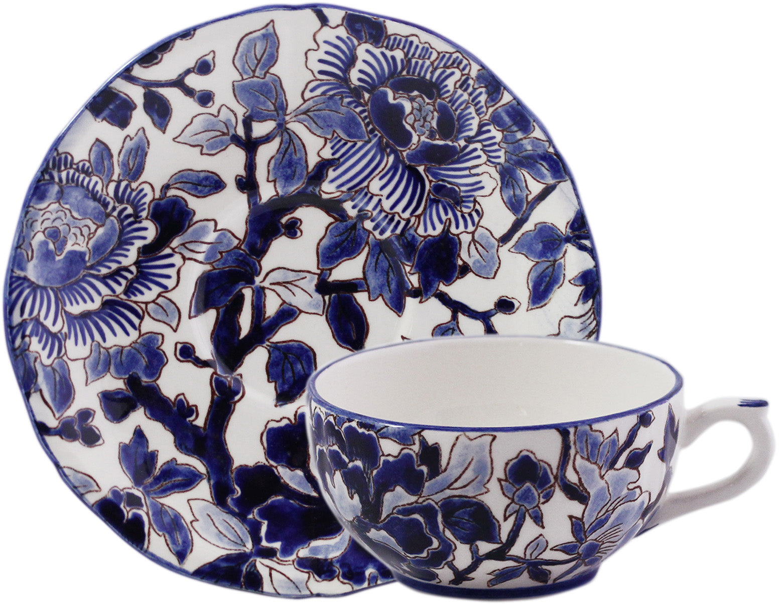 Tea Cup & Saucer Hand Painted Pivoines Bleues