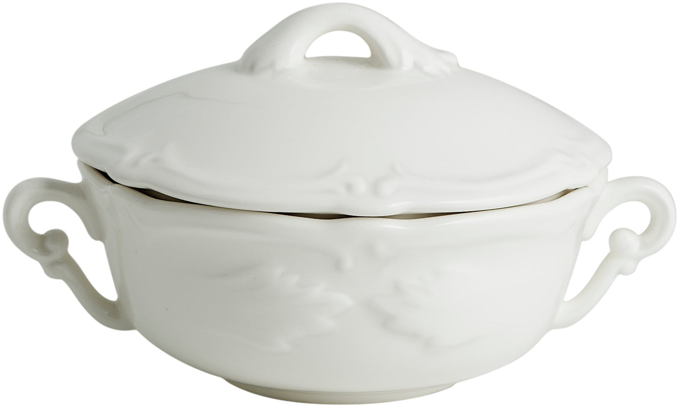 Covered Bouillon Cup & Saucer, Rocaille White
