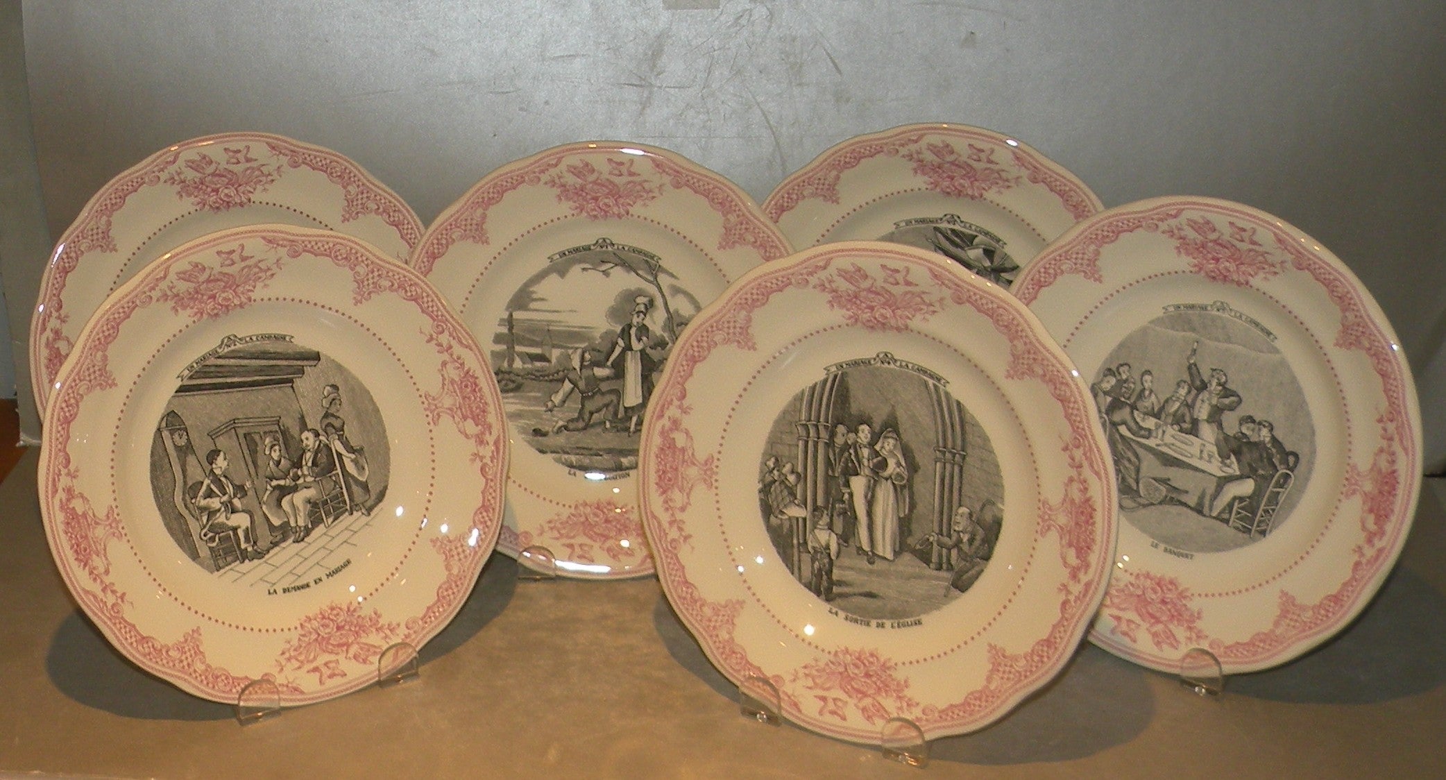 6 dessert Plates Mariage a la Campagne Rose, Gien