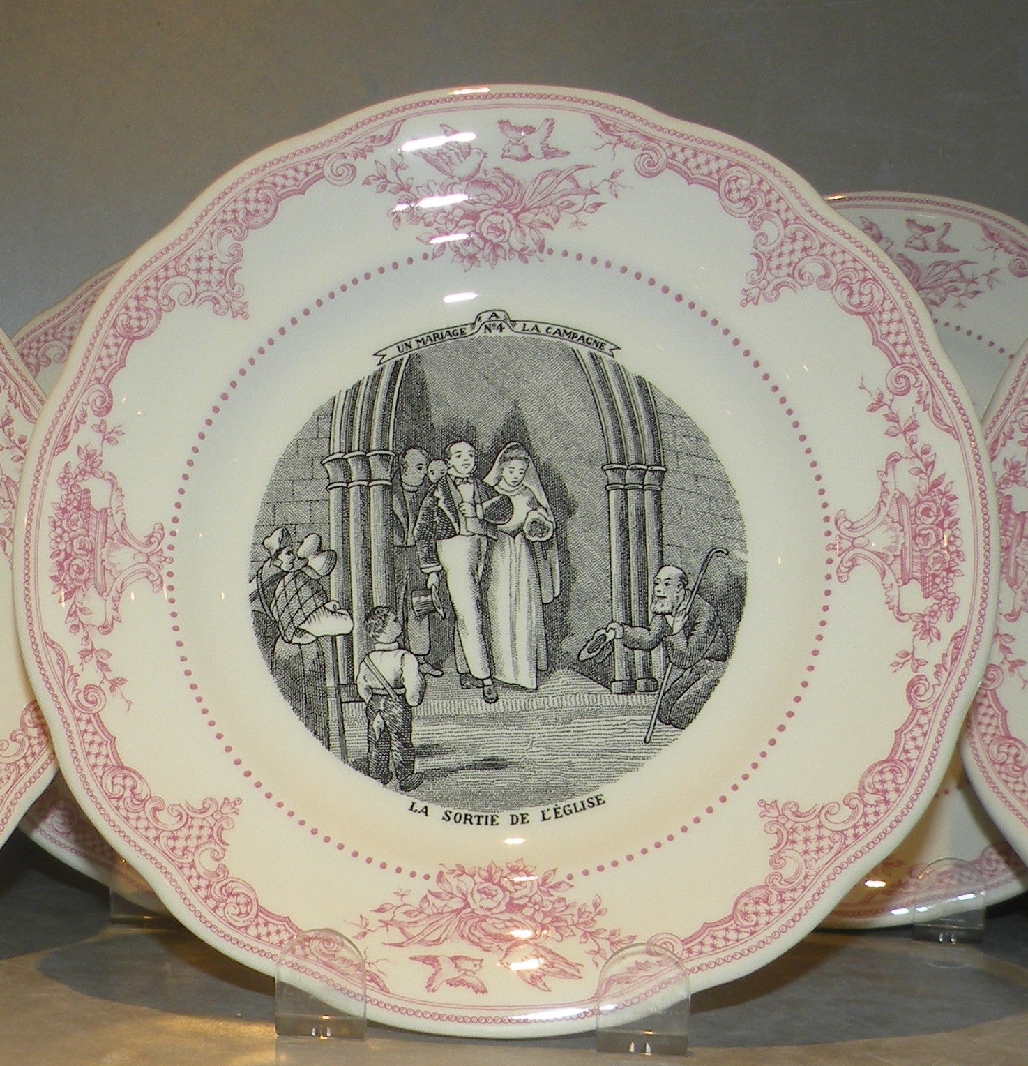 6 dessert Plates Mariage a la Campagne Rose, Gien