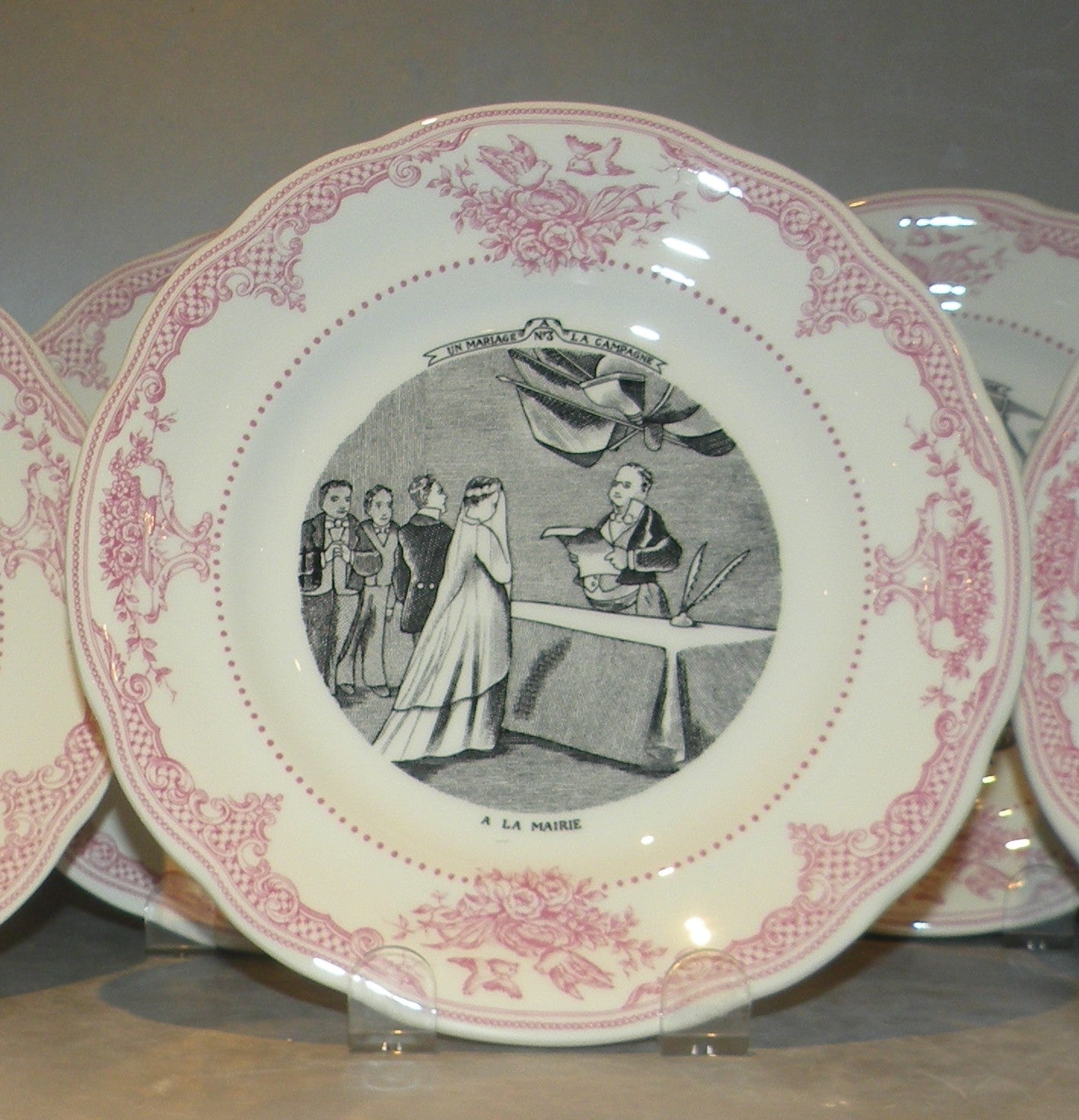 6 dessert Plates Mariage a la Campagne Rose, Gien