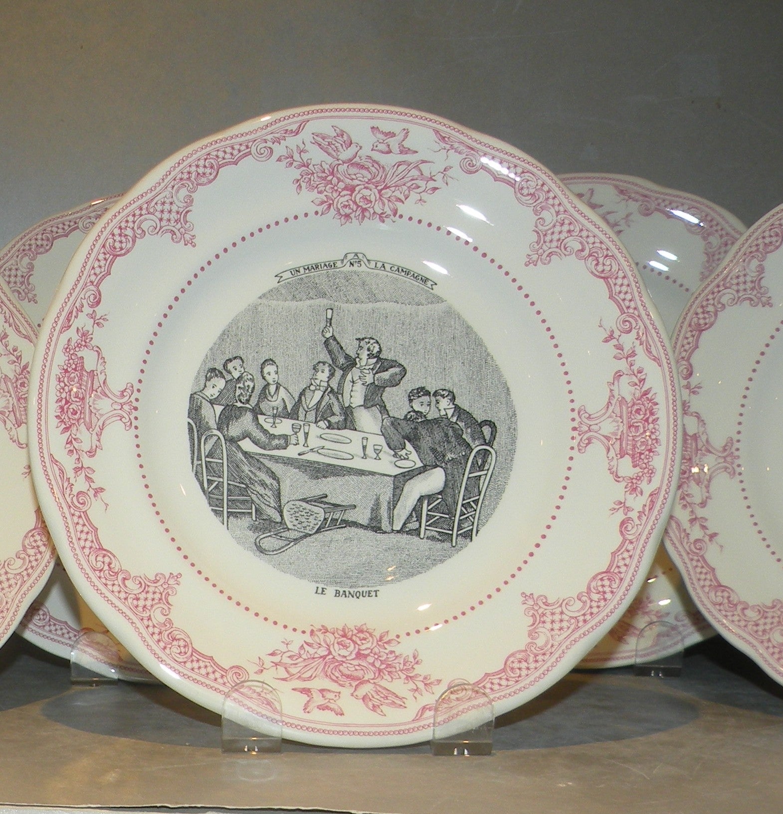 6 dessert Plates Mariage a la Campagne Rose, Gien
