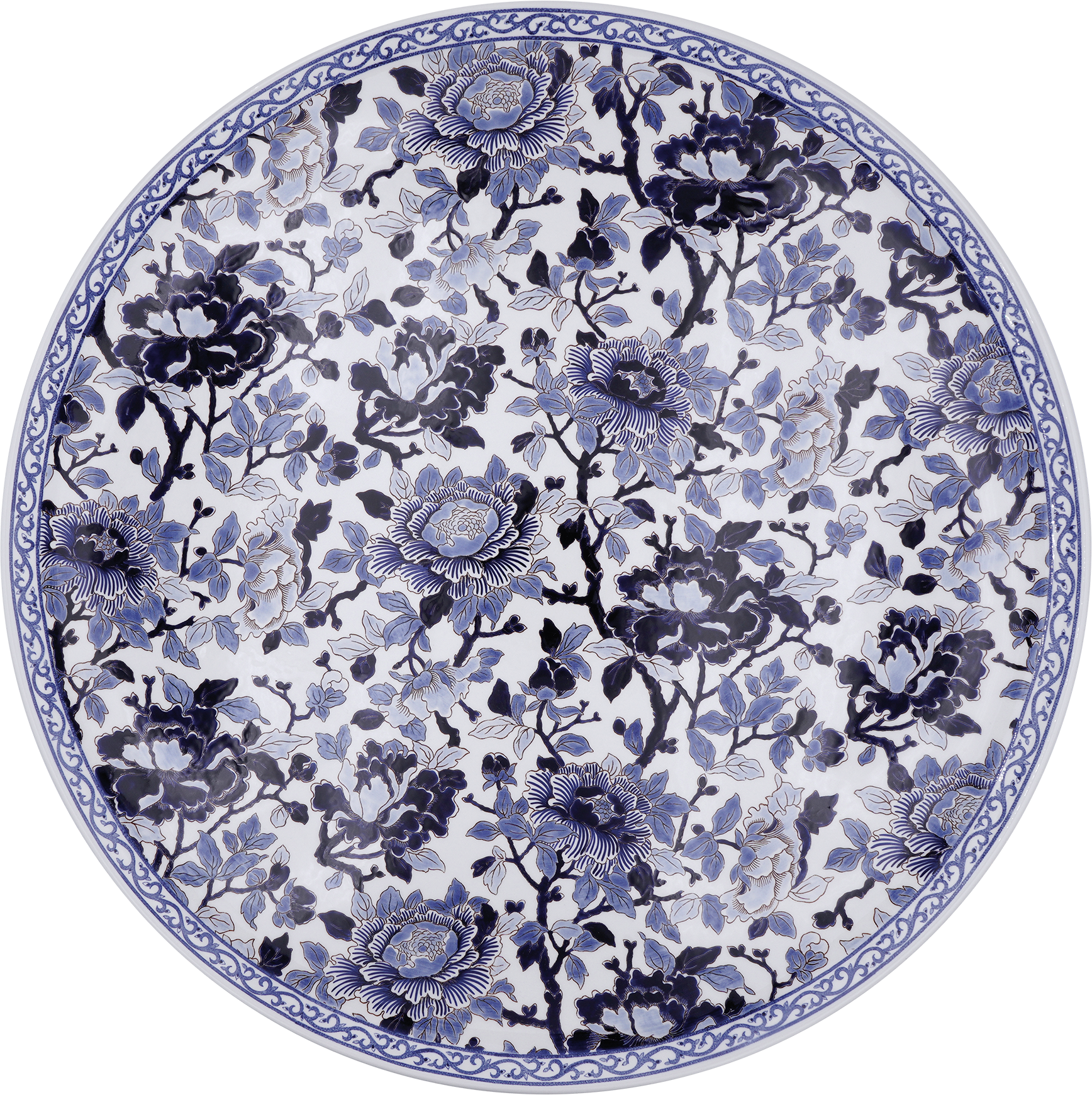 Large Wall Platter Pivoines Bleues, Hand Painted