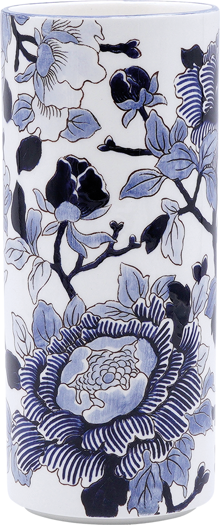Cylinder Vase 2 Hand Painted Pivoines Bleues