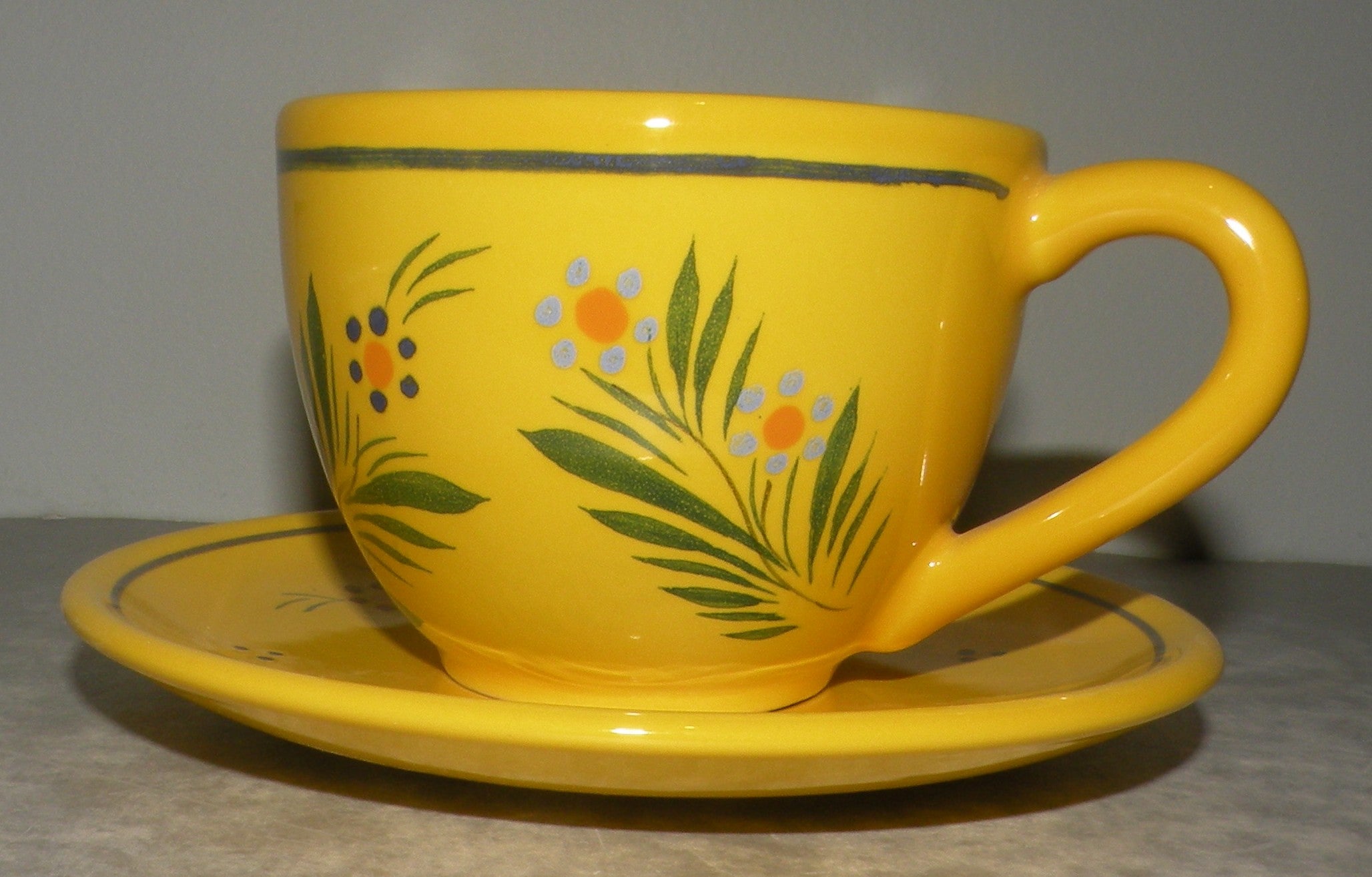 Tea Cup & Saucer Jonquille with flowers , FAB Quimper