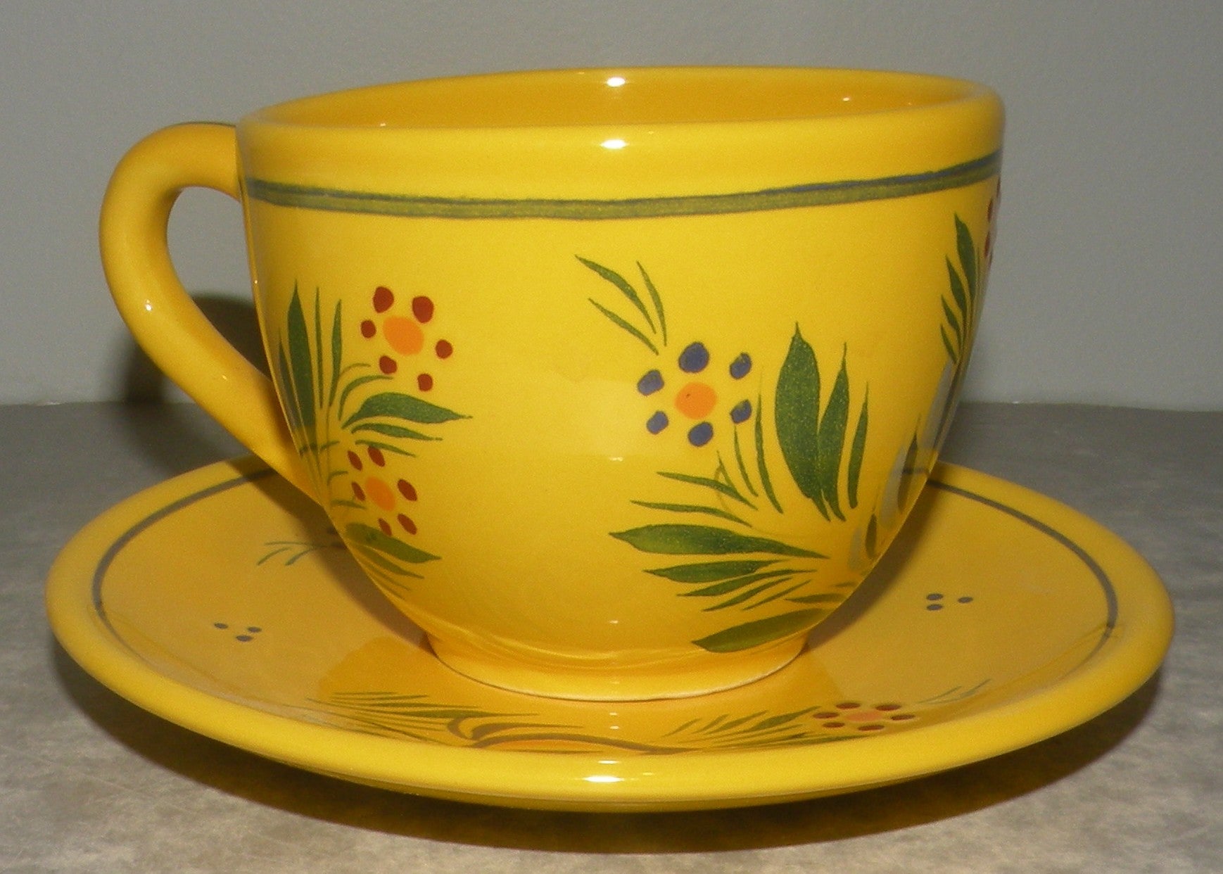 Tea Cup & Saucer Jonquille with flowers , FAB Quimper