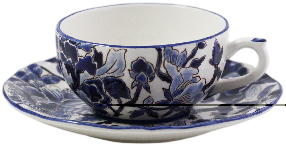 Tea Cup & Saucer Hand Painted Pivoines Bleues